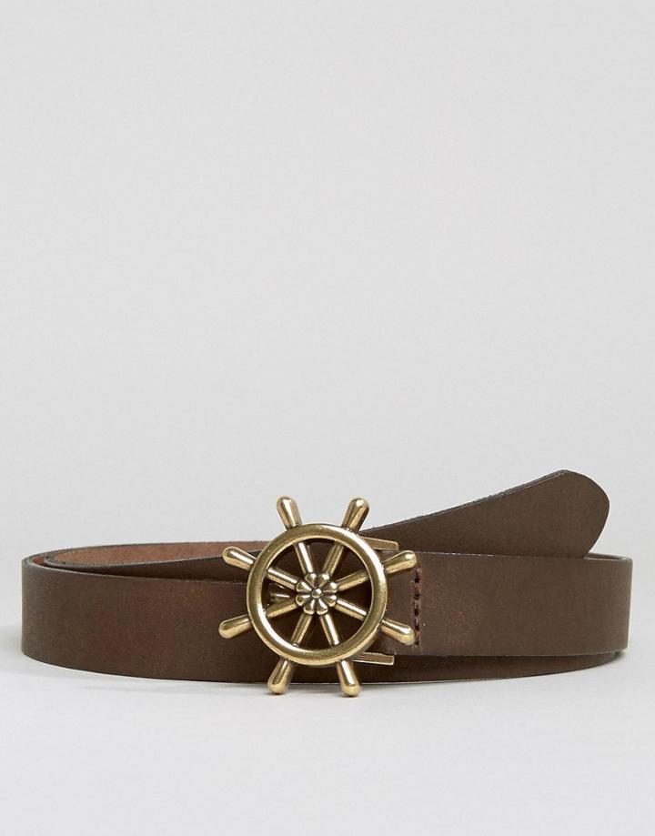 Asos Skinny Leather Belt With Nautical Buckle - Brown
