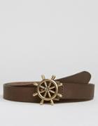 Asos Skinny Leather Belt With Nautical Buckle - Brown