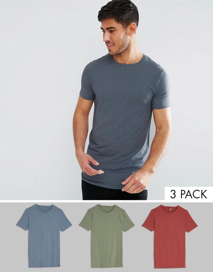 Asos 3 Pack Muscle Longline T-shirt In Green/blue Marl/red Save - Multi