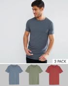 Asos 3 Pack Muscle Longline T-shirt In Green/blue Marl/red Save - Multi