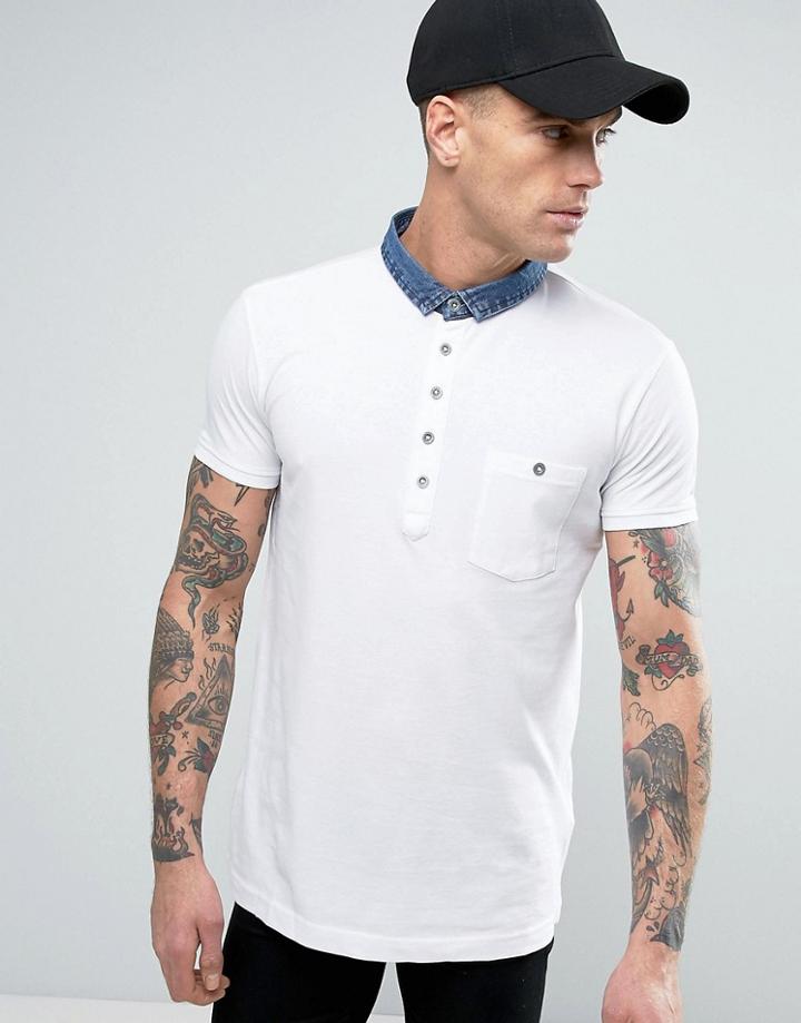 Brave Soul Contrast Denim Collar Polo - White