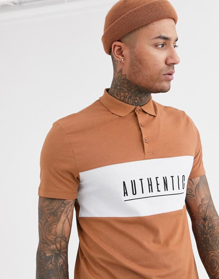 Asos Design Cut And Sew Polo With Authentic Print-brown