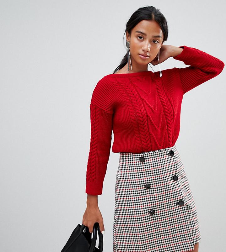 Boohoo Petite Cable Knit Sweater In Red - Red