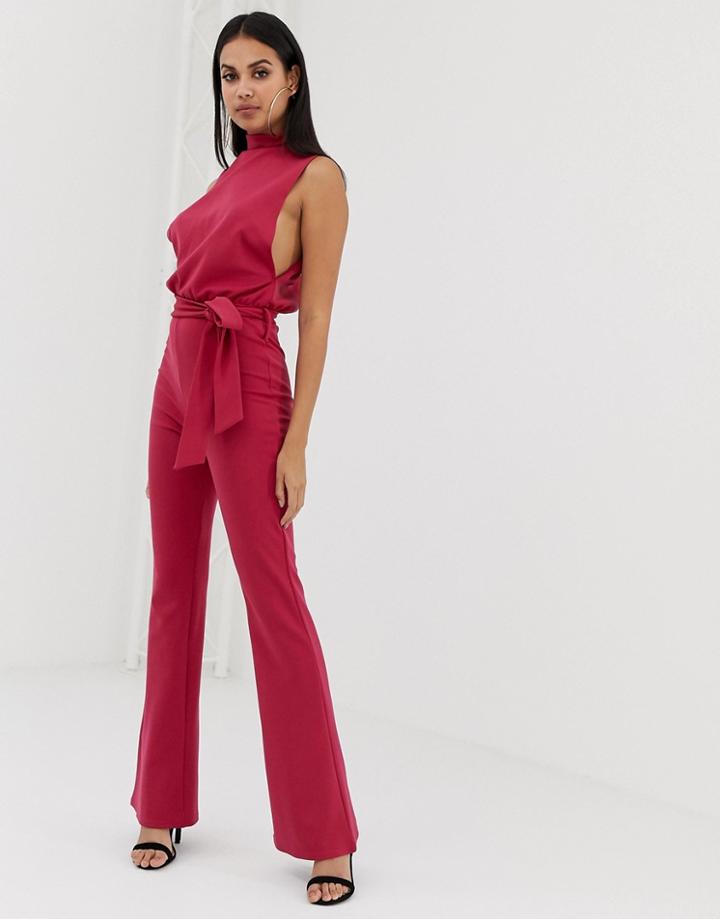 Prettylittlething Scuba High Neck Tie Waist Jumpsuit In Raspberry - Green