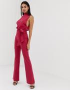Prettylittlething Scuba High Neck Tie Waist Jumpsuit In Raspberry - Green