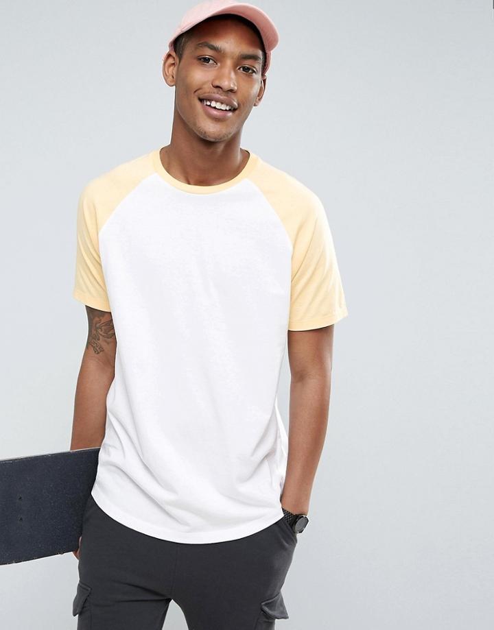 Asos Longline T-shirt With Contrast Raglan And Curved Hem In White/yellow - White
