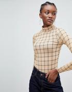 New Look Grid Check Roll Neck Top - Tan