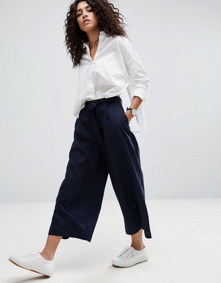 Asos Linen Culotte Pants - Navy