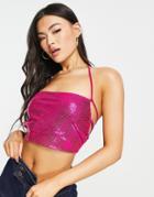 Naanaa Cowl Neck Sequin Festival Top In Bright Pink
