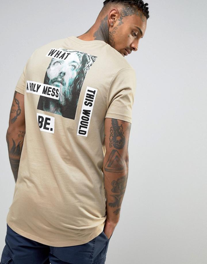 Asos Super Longline T-shirt With Curved Hem And Back Print - Beige