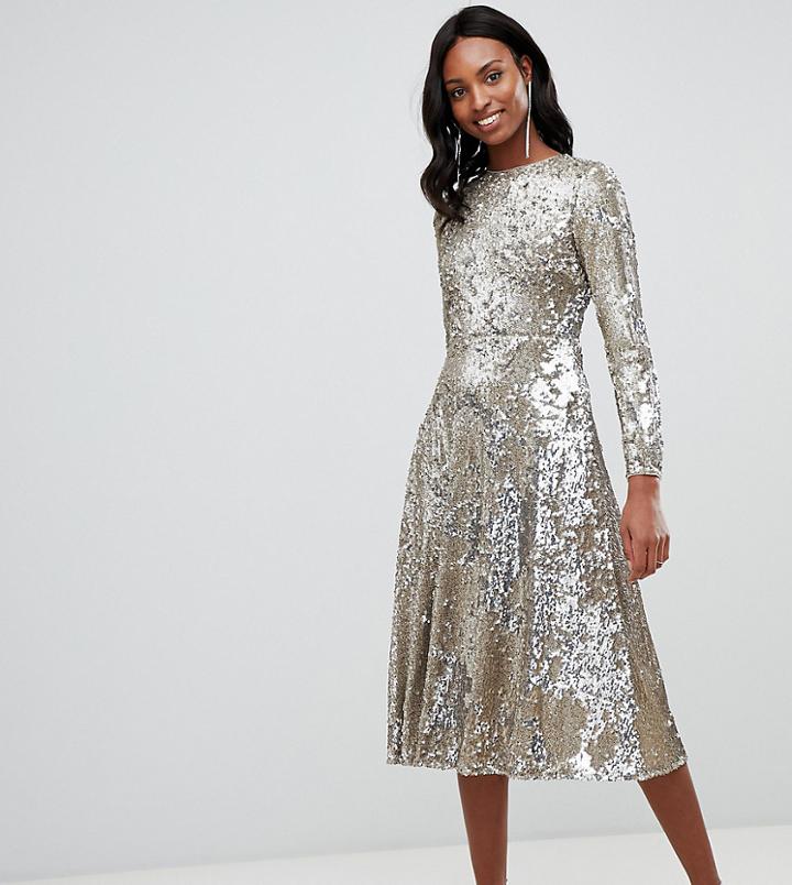 Tfnc Tall Long Sleeve Fit And Flare Sequin Midi Dress In Gold - Gold