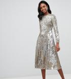 Tfnc Tall Long Sleeve Fit And Flare Sequin Midi Dress In Gold - Gold