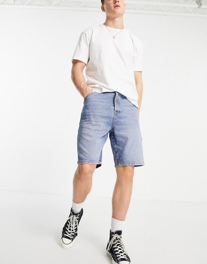 Topman Carpenter Denim Shorts In Mid Wash-blues