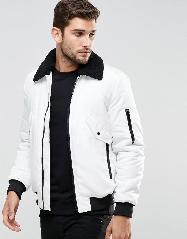 Asos Bomber Jacket With Fleece Collar In White - White