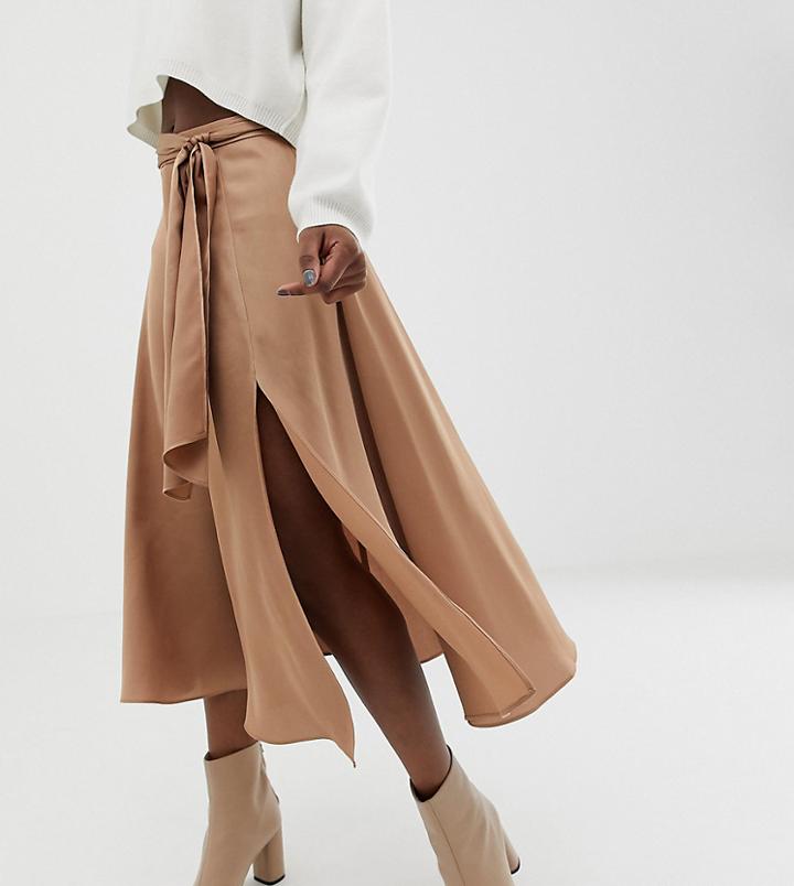 Asos Design Petite Satin Midi Skirt With Self Belt - Brown