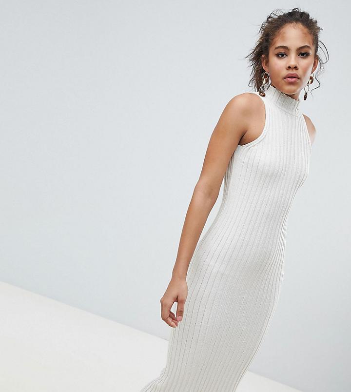 Asos Design Tall Knitted Midi Dress In Skinny Rib - Beige