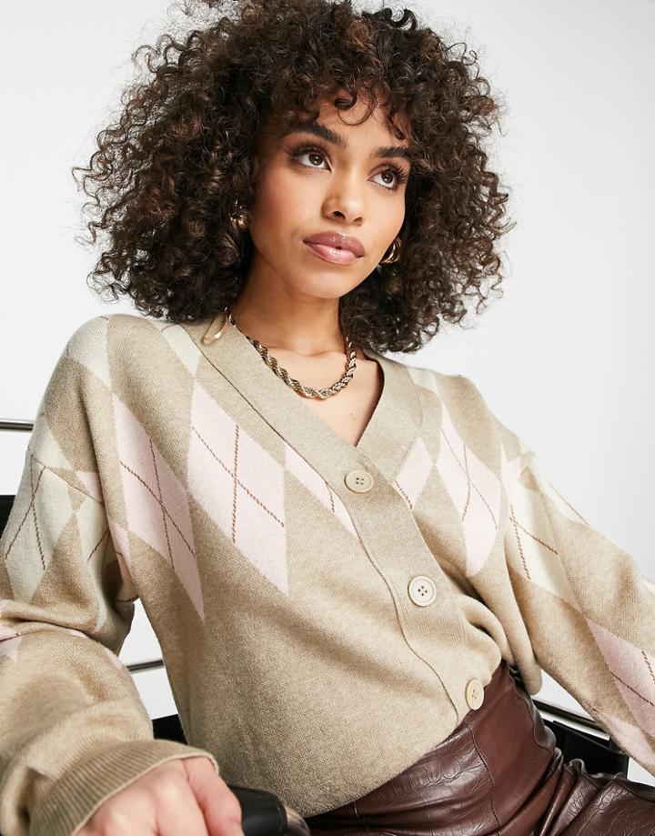 Qed London Diamond Print Cardigan In Gray-multi