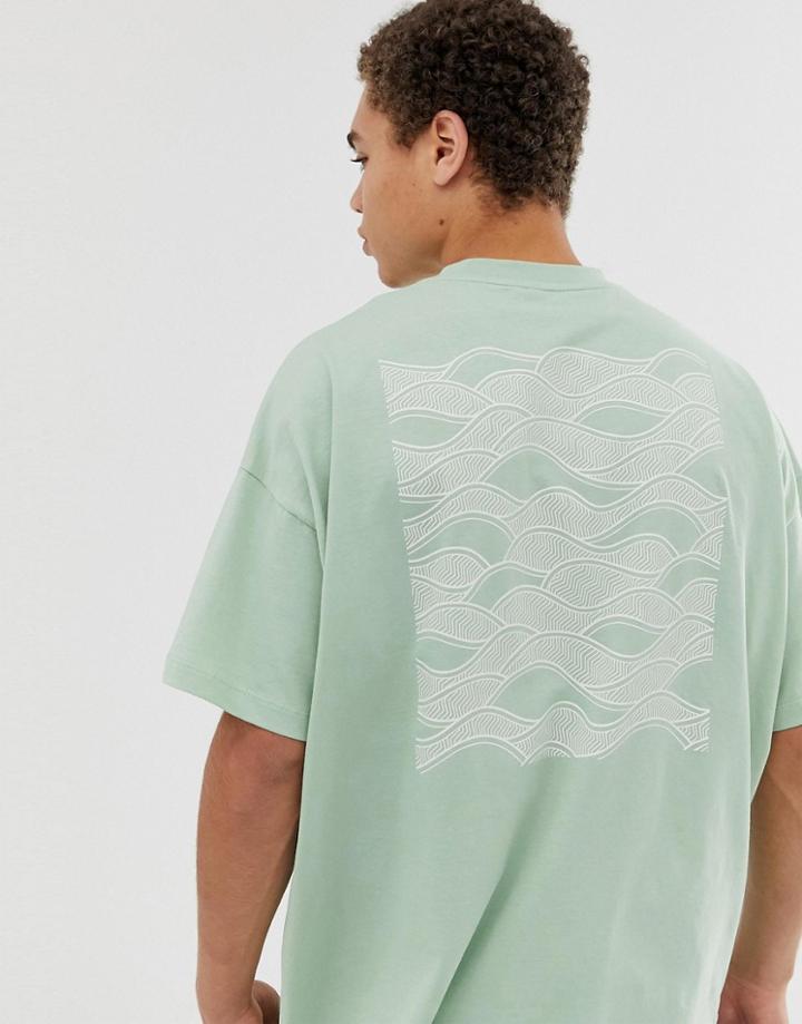 Asos Design Oversized T-shirt With Chest Text And Back Wave Print - Green