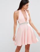 Club L Scuba Rhinestone Trim Halter Prom Dress - Nude