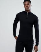Asos Half Zip Cotton Sweater In Black - Black