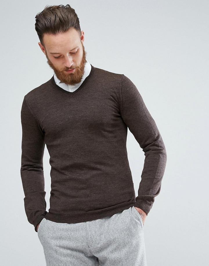 Asos Merino V-neck Sweater In Brown - Brown