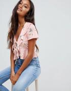 Asos Design Tie Front Top In Pink Base Floral Print - Pink