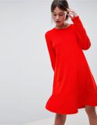Asos Design Dress In Fine Knit With Ruffle Hem - Red