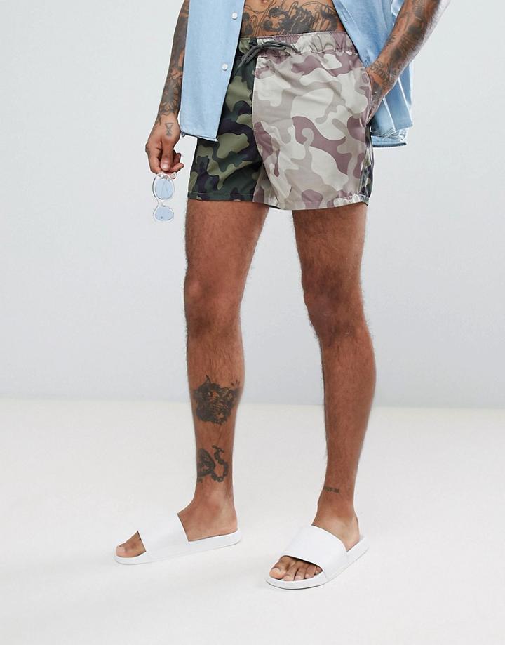 Asos Swim Shorts In Cut & Sew Camo Print In Short Length - Green