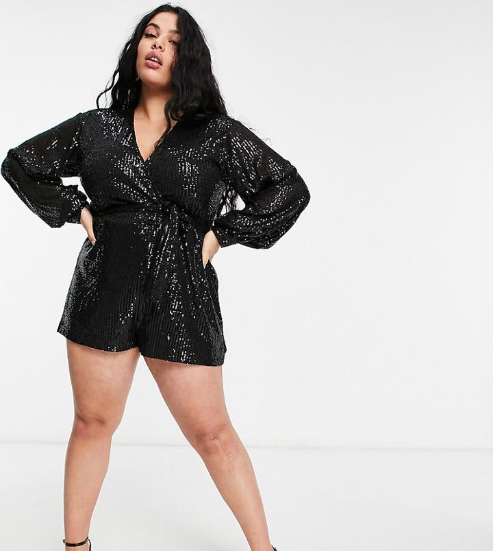 Saint Genies Plus Balloon Sleeve Sequin Romper In Black
