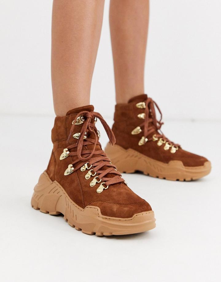 Asos Design Atlas Premium Leather Sporty Hiker Boots In Tan