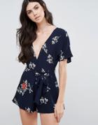 Love & Other Things Tie Back Romper In Floral Print - Blue