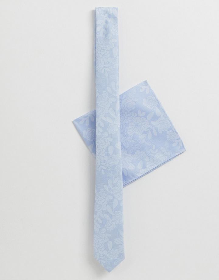 Asos Design Wedding Slim Tie & Floral Pocket Square In Blue - Blue