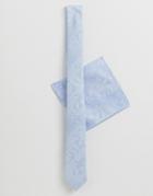 Asos Design Wedding Slim Tie & Floral Pocket Square In Blue - Blue
