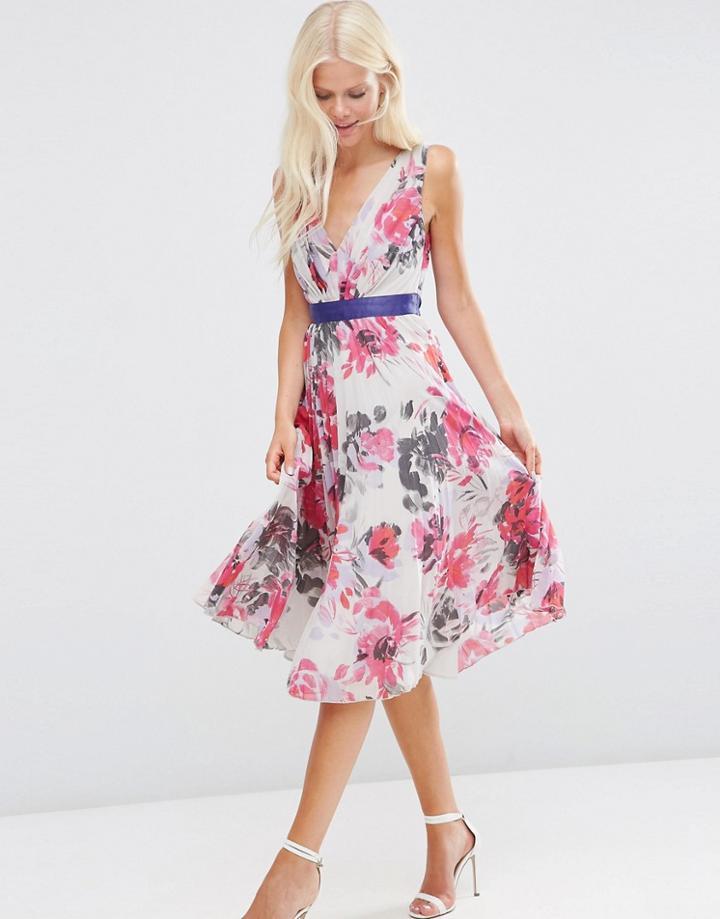Asos Floral Pleated Midi Dress With Grograin - Multi