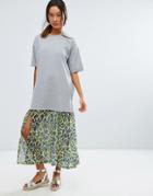 Asos Midi T-shirt Dress With Leopard Print Woven Hem - Gray