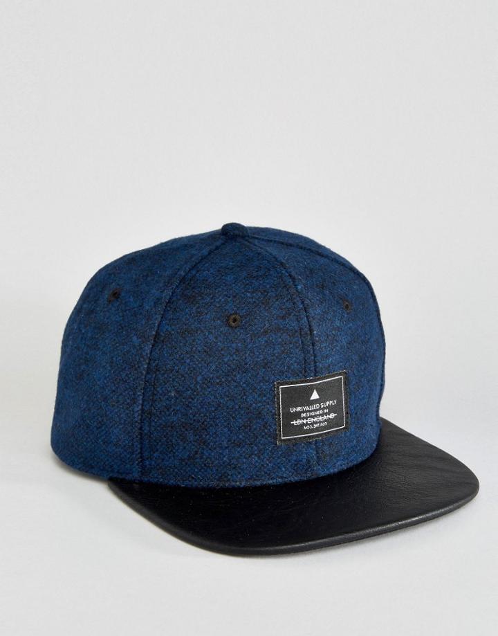 Asos Snapback Cap In Navy Tweed With Contrast Peak - Navy