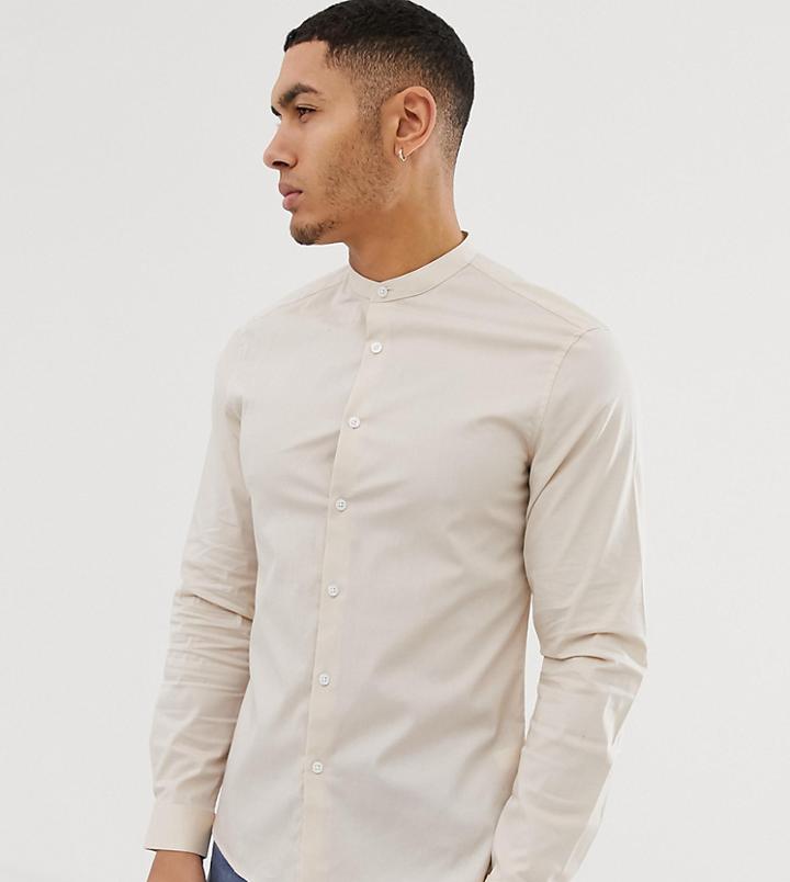 Asos Design Slim Fit Grandad Collar Shirt In Neutral Color - Brown