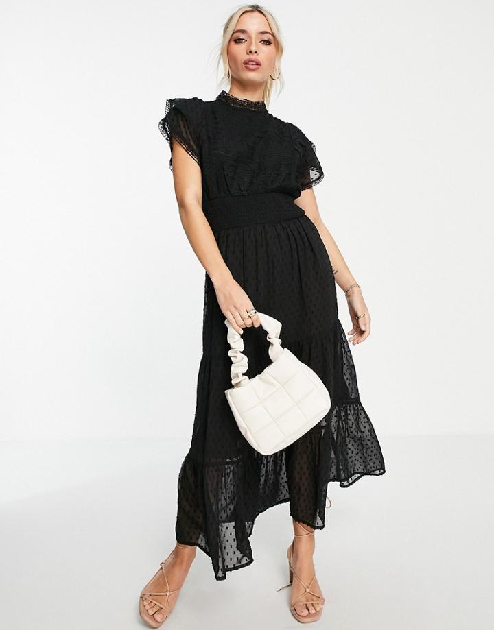 Miss Selfridge Lace Insert Textured Midi Dress In Black