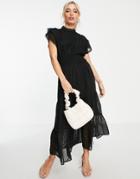 Miss Selfridge Lace Insert Textured Midi Dress In Black