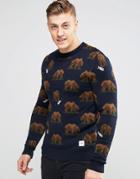 Bellfield Bear Jacquard Crew Neck Knitted Sweater - Navy