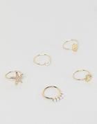 Asos Design Pack Of 5 Rings With Pearl And Rhinestone Detail In Gold - Gold