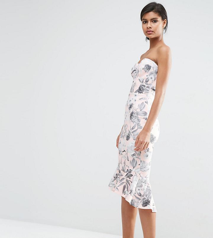 Asos Petite Pink And Gray Floral Bandeau Pephem Midi Dress - Pink
