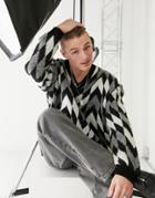 Asos Design Knitted Oversized V-neck Sweater With Monochrome Checkerboard-black