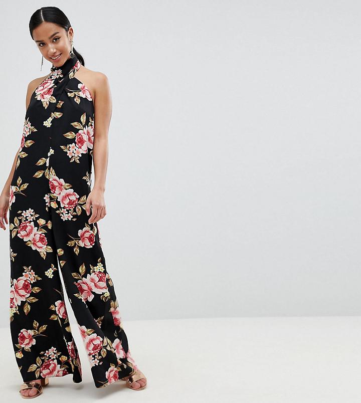 Asos Design Petite Cross Front Jumpsuit With Wide Leg In Floral Print - Multi