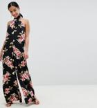 Asos Design Petite Cross Front Jumpsuit With Wide Leg In Floral Print - Multi