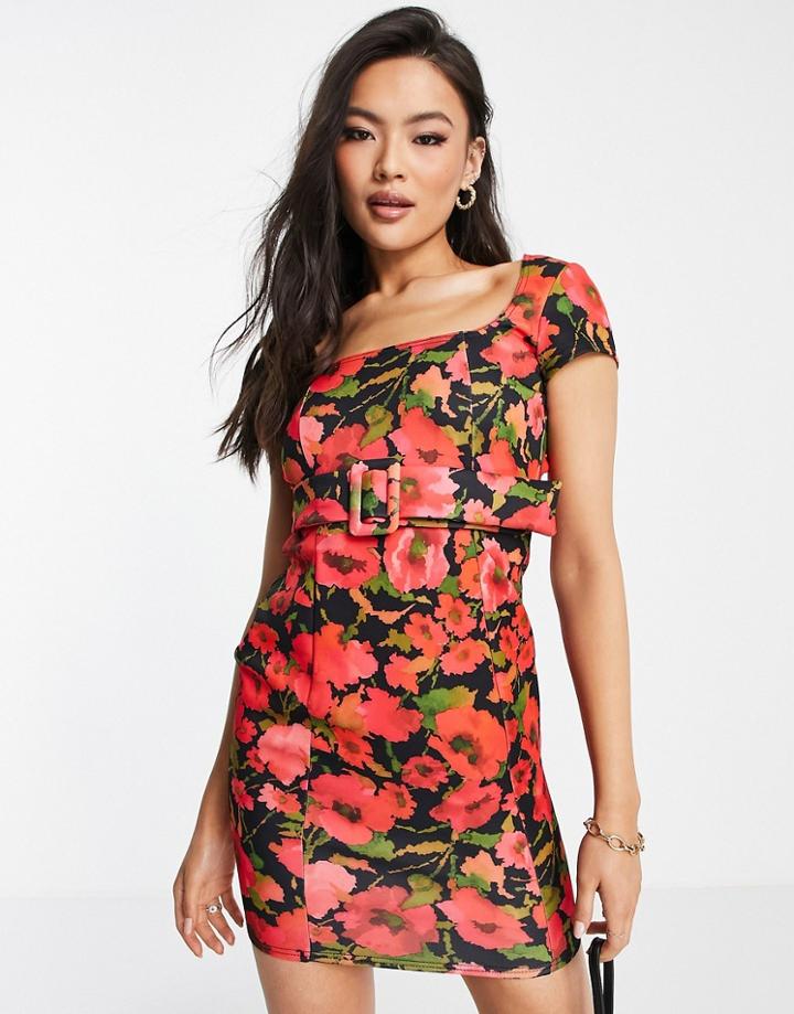 Asos Design Short Sleeve Belted Seamed Mini Dress In Dark Floral Print-multi