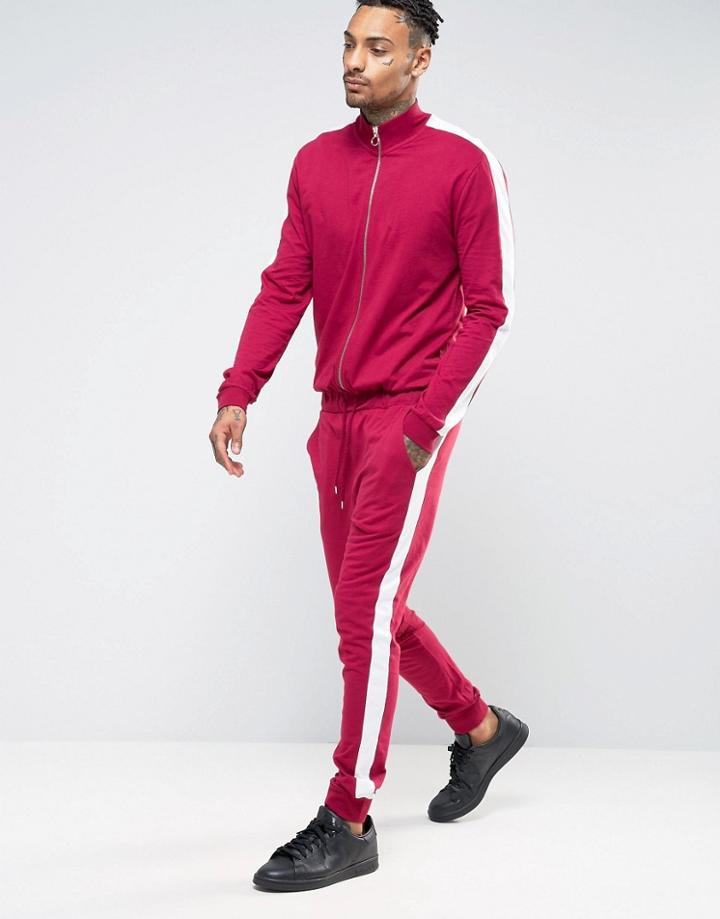Asos Skinny Jersey Track Jumpsuit With Side Stripe In Burgundy - Red