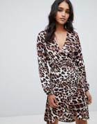 Lipsy Long Sleeve Wrap Dress In Leopard Print-multi