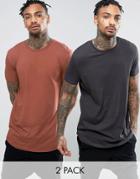 Asos 2 Pack Longline T-shirt With Curved Hem In Red/washed Black Save - Multi