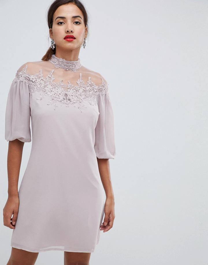 Little Mistress Shift Mini Dress With Mesh Neckline And Embroidery Detail - Pink